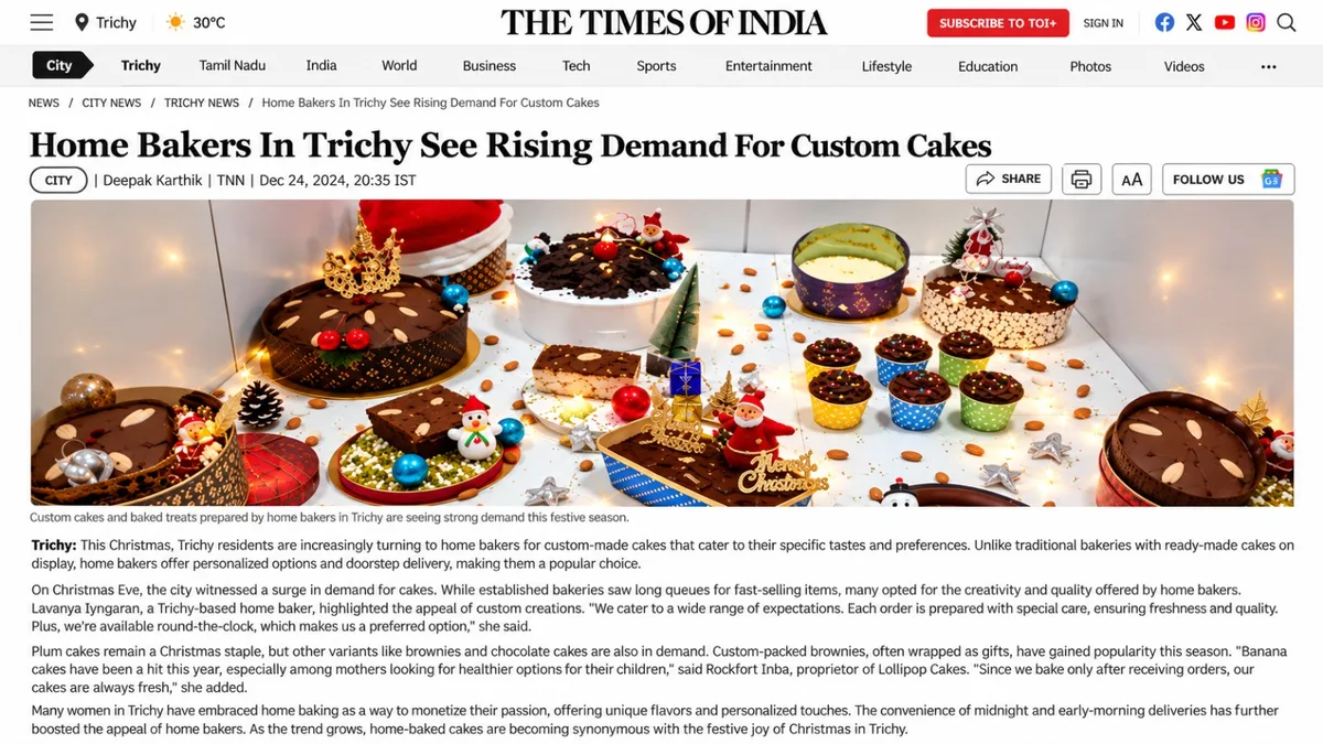 Times of India article headline: Home Bakers In Trichy See Rising Demand For Custom Cakes, dated Dec 24, 2024